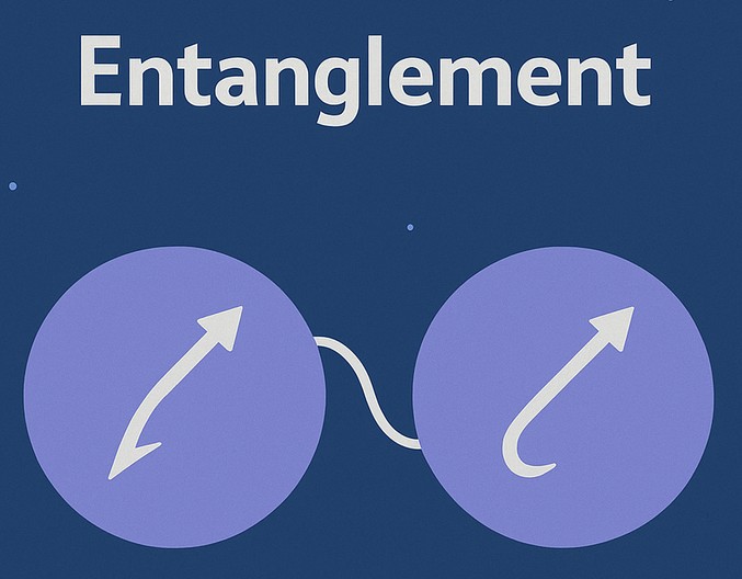 Diagram: two qubits joined by a link, their states correlated across distance.