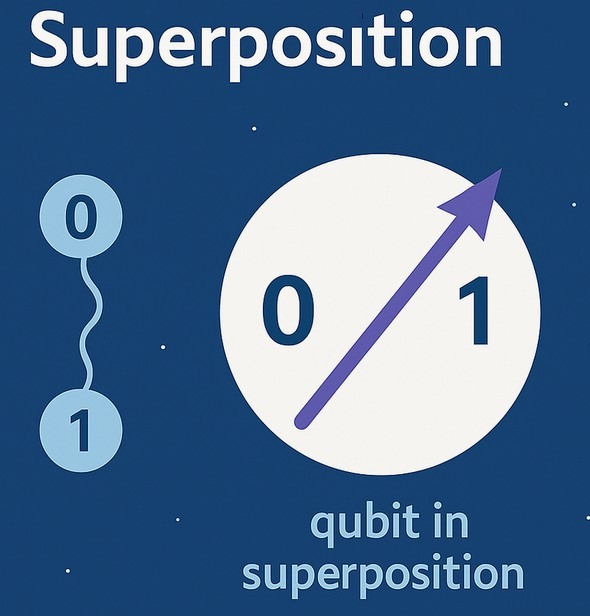 Diagram: a qubit in superposition shown as a single vector blending the 0 and 1 states.